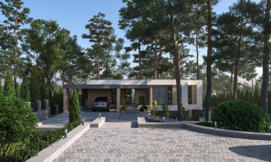 modernes Haus in einem Pinienwald